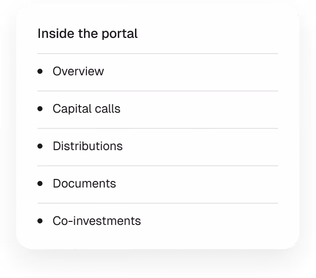 Inside the portal card listing overview, capital calls, distributions, documents and co-investments