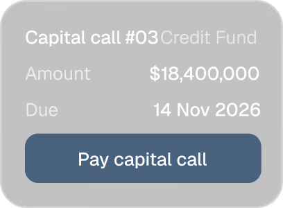 Capital call card: $18.4M due 14 Nov 2026 with a Pay capital call button
