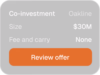 Co-investment offer card for Oakline with no fee or carry