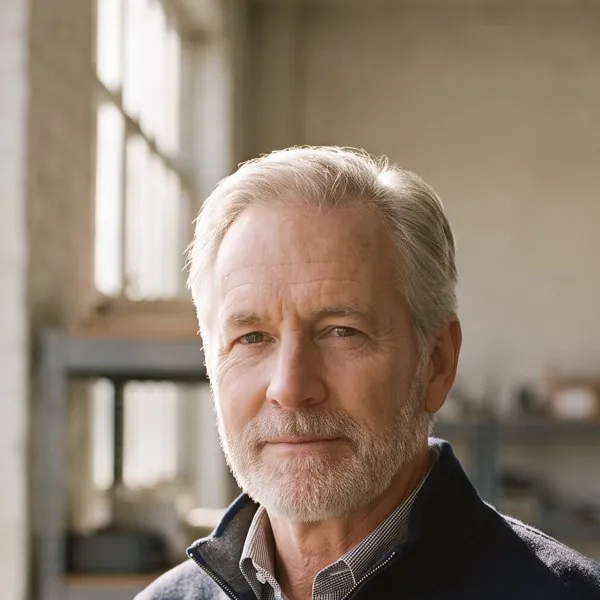 Portrait of a grey-haired man in a workshop