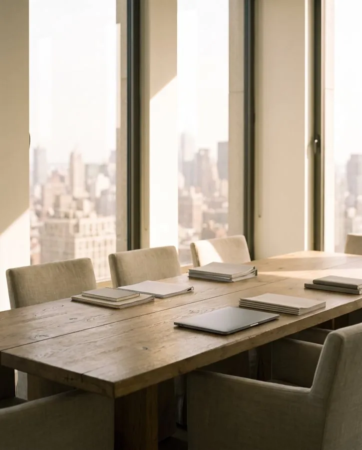 A boardroom table by tall city windows